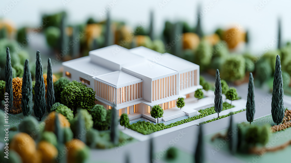 Poster a detailed architectural model of a modern building surrounded by greenery, showcasing intricate des