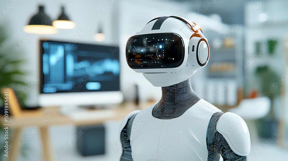 Poster a futuristic robot equipped with a vr headset stands in a modern workspace, showcasing advanced tech