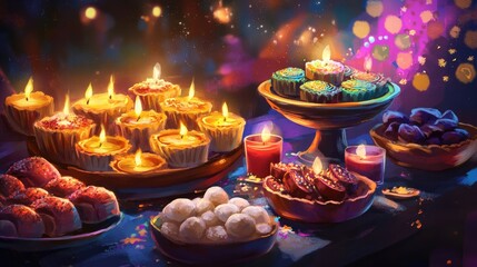 Fototapeta premium Festive sweets and candles on a table at night.