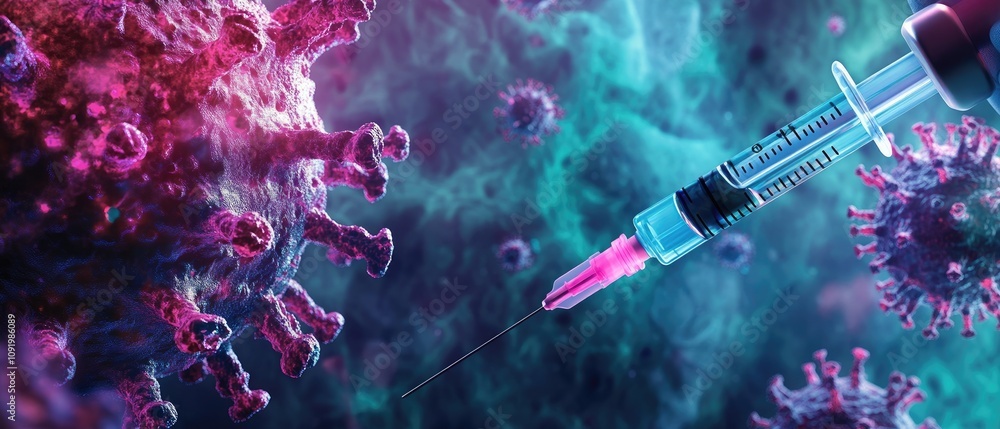 Poster microscopic view of syringe injecting vaccine into virus.