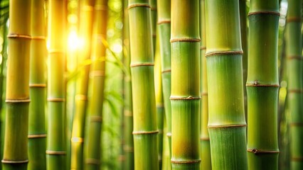Obraz premium Sunlight Illuminates a Dense Grove of Tall Green Bamboo Stalks, Their Smooth Surfaces Gleaming with Dewy Moisture