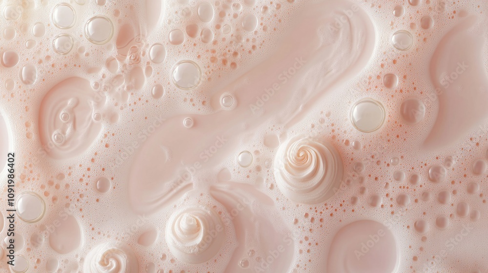 Poster soft pink creamy foam with swirling patterns and bubbles in a smooth surface for beauty and skincare
