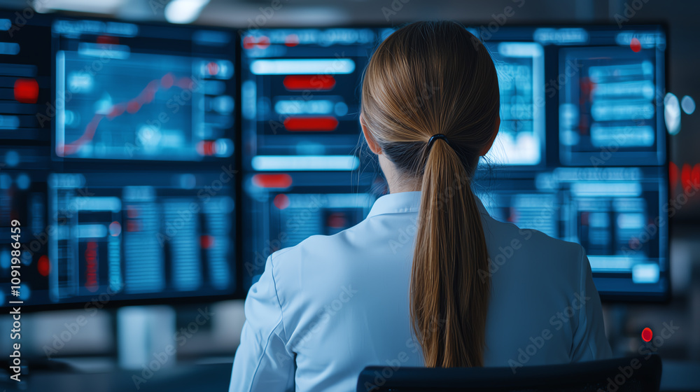 Poster a woman analyzes data from multiple screens, showcasing financial graphs and metrics in a modern tec