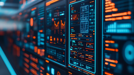 A futuristic interface displaying data analytics and metrics with vibrant blue and orange elements, emphasizing technology and information visualization.