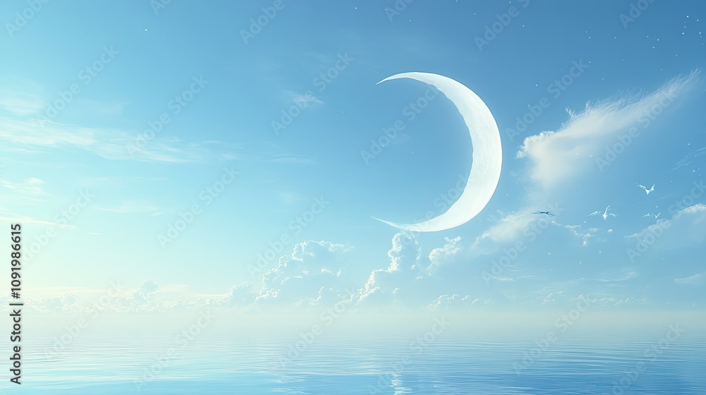 Aufkleber serene moonlit reflection over tranquil water under soft blue sky with gentle clouds and shimmering 