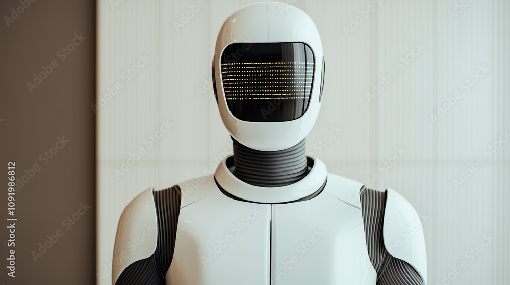 Poster a futuristic humanoid robot with a sleek design and a grid-like face stands in a minimalistic interi