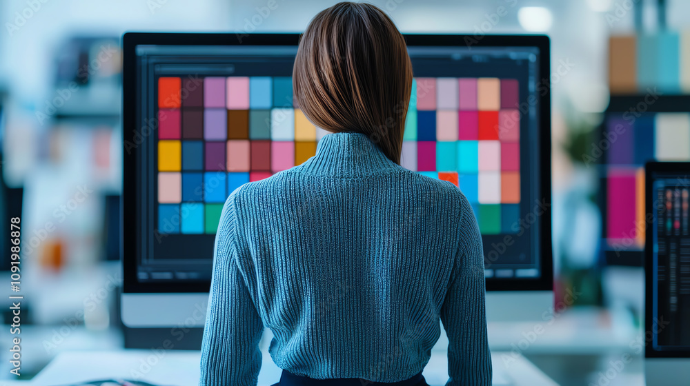 Aufkleber a person is viewed from behind, seated in front of a computer displaying a vibrant color palette, su