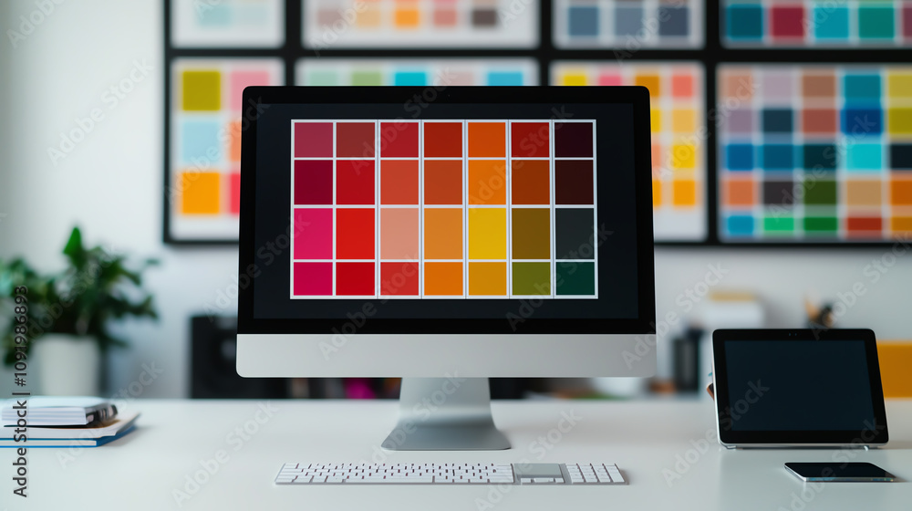 Fototapete a modern workspace featuring a computer displaying a color palette, surrounded by design materials a