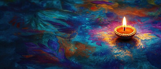 Fototapeta premium Illuminated oil lamp on vibrant, colorful background.