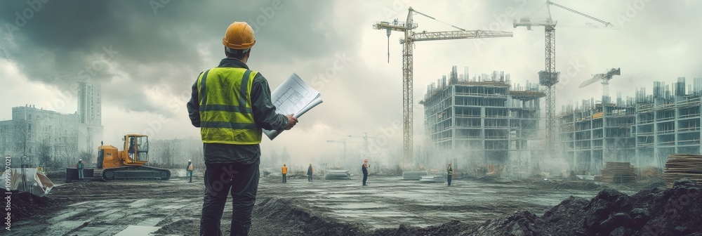 Aufkleber an engineer stands on a construction site, holding blueprints and monitoring multiple ongoing projec