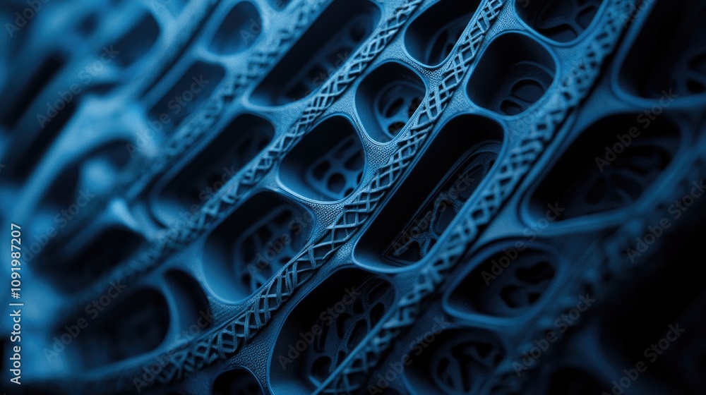 Aufkleber close-up of textured, blue, 3d-printed material with intricate patterns and perforations.