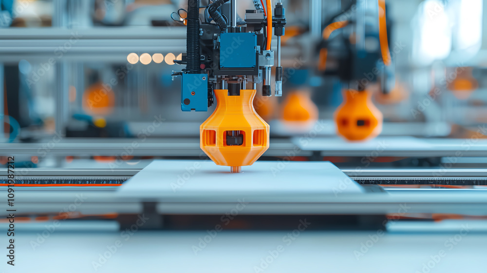 Poster a close-up view of a 3d printer's nozzle dispensing material on a flat surface, showcasing advanced 
