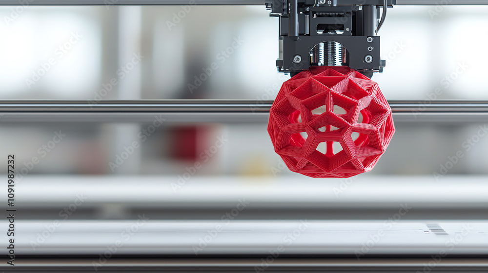 Poster a 3d printer is creating a vibrant red geometric shape, showcasing modern technology and design in a