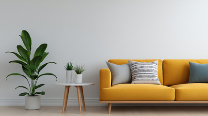 A stylish living room featuring a vibrant yellow couch, decorative pillows, a small table, and potted plants against a clean, minimalist wall.