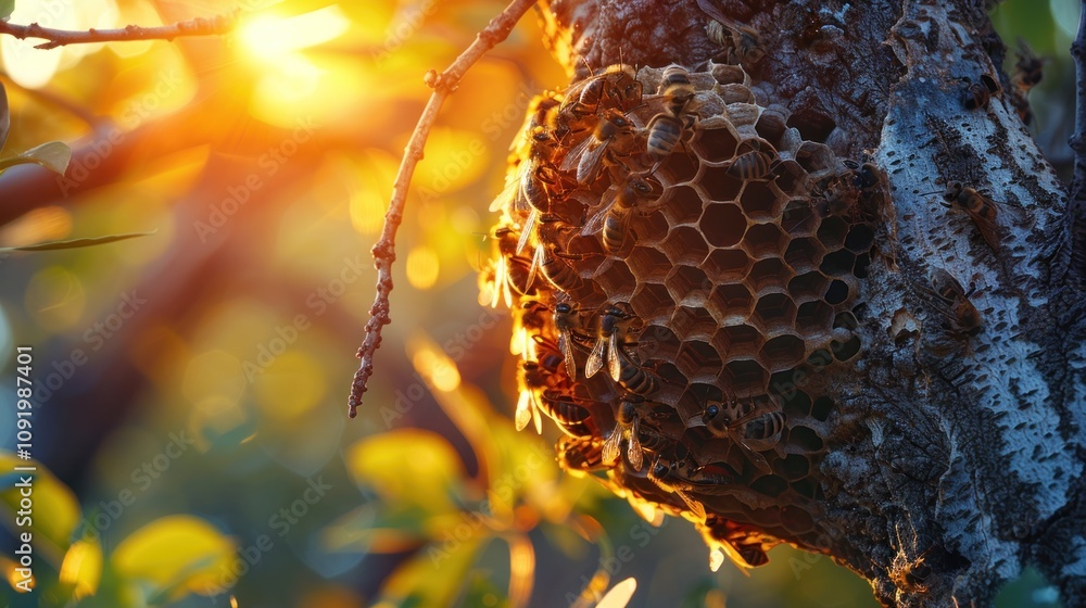 Poster golden hour sunlight illuminates a large wasp nest attached to a tree trunk, with numerous wasps vis