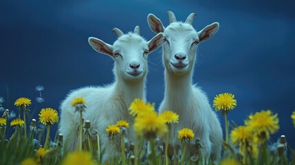 Fototapeta premium Two adorable white goats in a dandelion field at dusk.