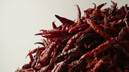 Obraz premium Vibrant Red Dried Chili Peppers Piled High Against a Soft Background, Perfect for Culinary Uses and Spicy Cooking Inspiration in Food Recipes