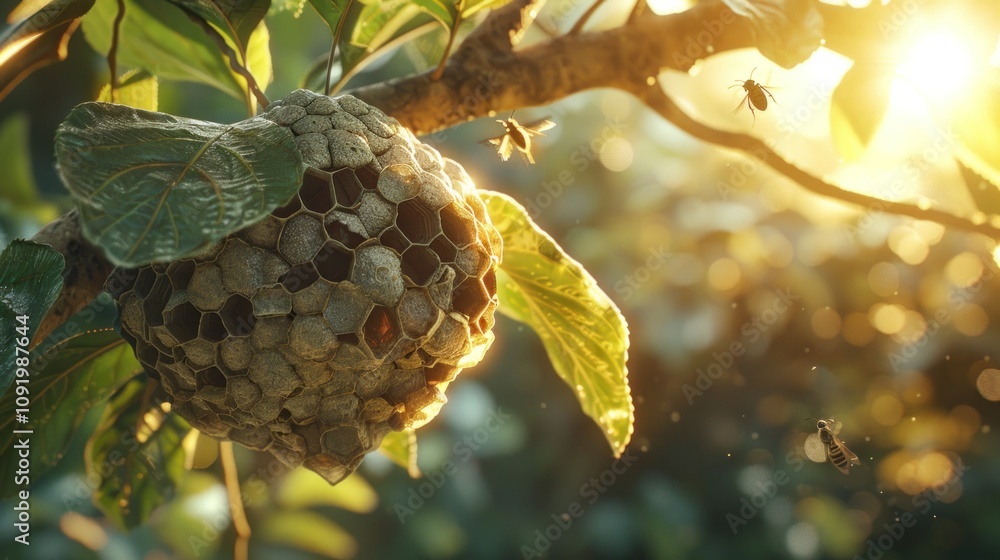 Poster golden hour sunlight illuminates an empty wasp nest hanging from a tree branch.