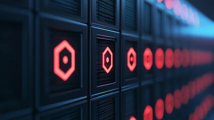 A close-up view of a futuristic digital interface featuring illuminated hexagonal icons on a dark background, suggesting technology and innovation.