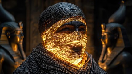 Stunning ancient figure wrapped in glowing bandages, set against an intricate background.