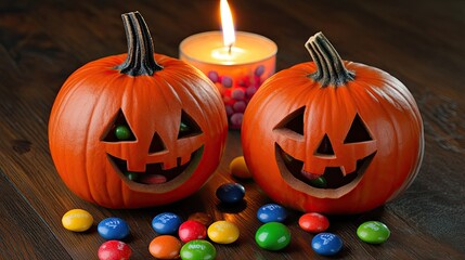 Two carved jack-o'-lanterns with candy on a wooden table next to a lit candle.