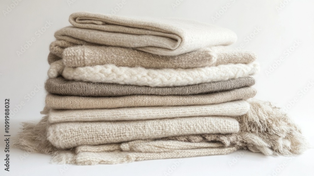 Poster stacked collection of cozy beige and cream textiles displaying various knitting techniques and textu