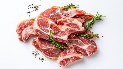 Fototapeta premium Fresh Cuts of Raw Pork Meat on White Background with Green Rosemary and Black Pepper for Culinary Use and Food Preparation Ideas