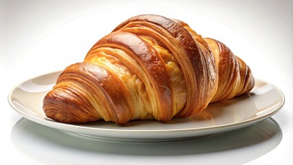 Fototapeta premium A Single, Golden-Brown Croissant Resting on a White Plate, Its Flaky Layers and Rich Glaze Reflecting Light