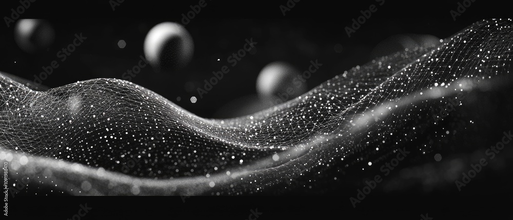 Poster abstract grayscale digital wave with particles.