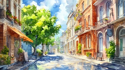 Obraz premium Cityscape rendered in watercolor depicting a lively street in summertime 