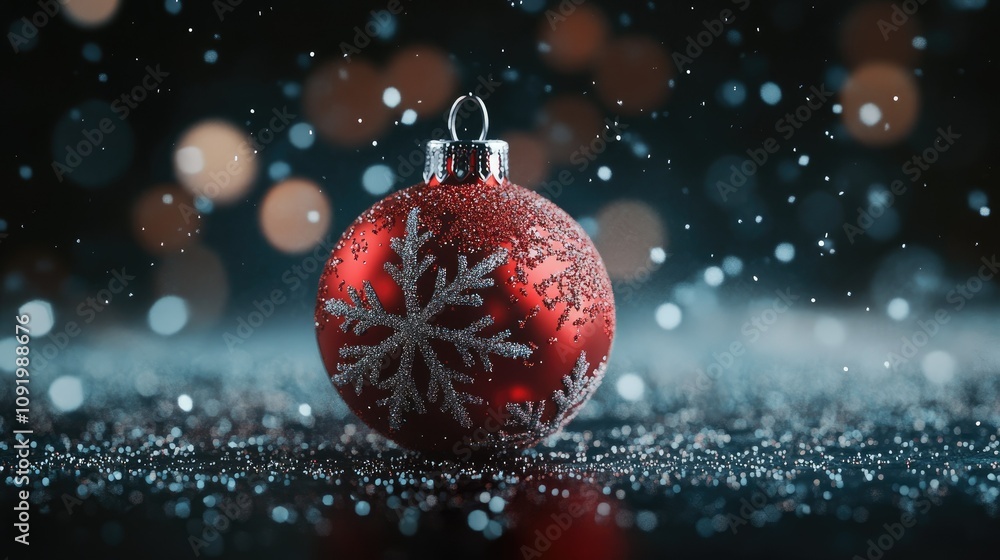 Poster sparkling red christmas ornament with snowflake design surrounded by soft bokeh lights and magical s