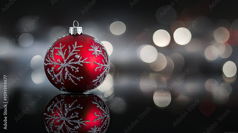 Poster shiny red christmas ornament with snowflake design reflecting on smooth surface with soft bokeh back