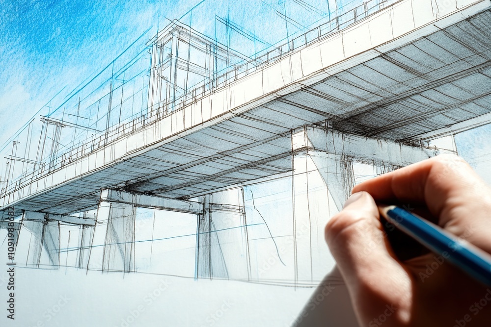 Poster architectural sketch: bridge design in progress