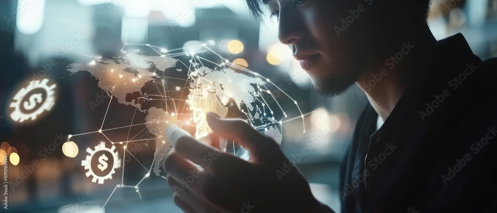 Poster man examining global finance network on device.