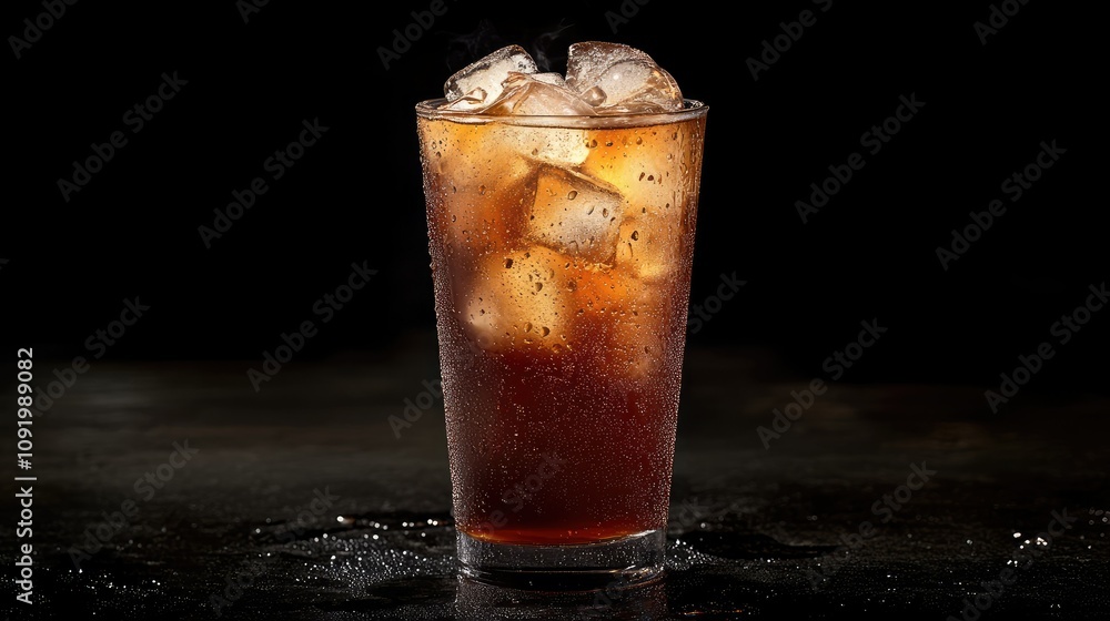 Poster exquisite close-up of a chilled beverage in a glass with ice cubes creating refreshing bubbles on a 