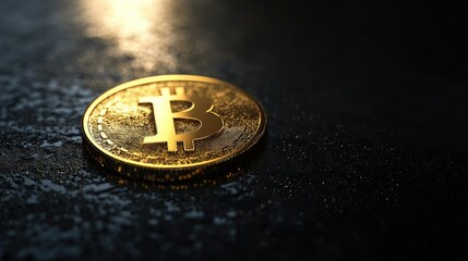 Golden Bitcoin Coin Placed on a Dark Surface with Soft Lighting, Symbolizing Cryptocurrency and Digital Currency in a Financial Context