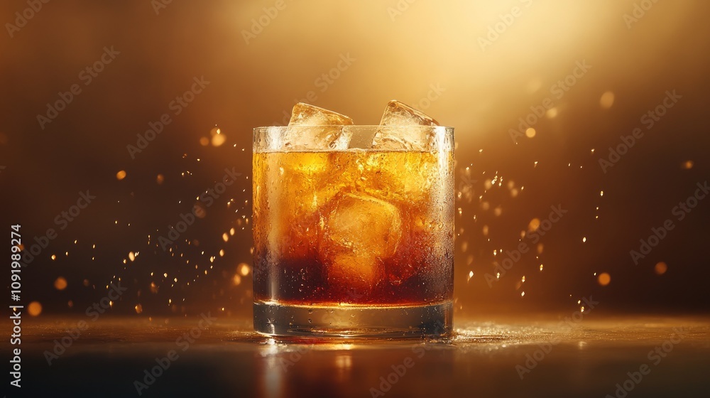 Poster a close-up view of a glass of whiskey with ice cubes captured in a warm golden light creating an inv