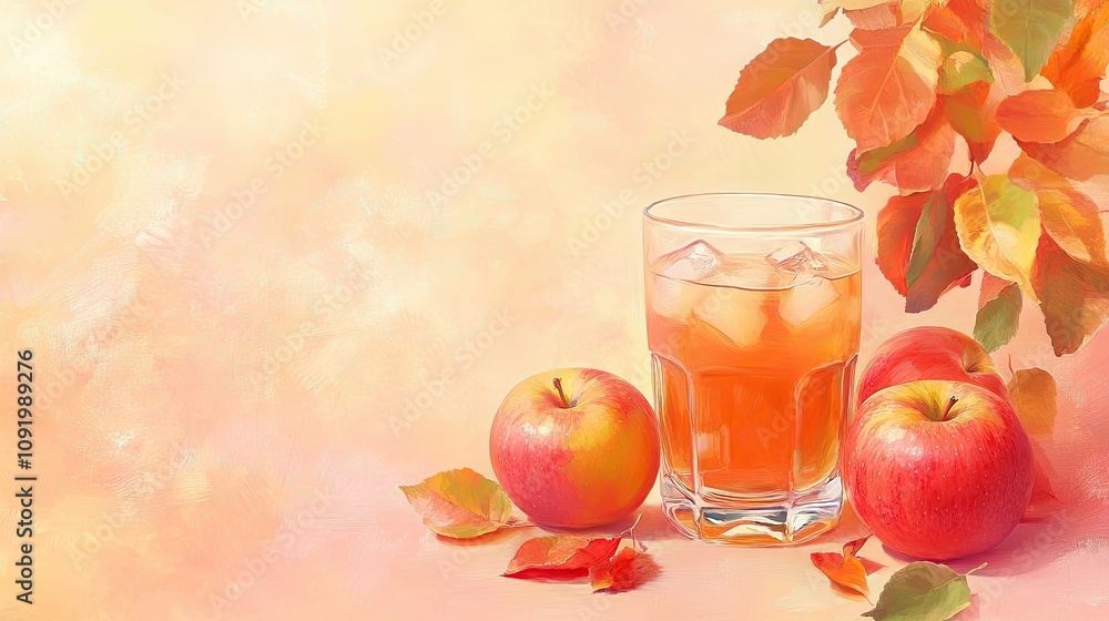 Aufkleber refreshing apple drink with ice cubes surrounded by fresh apples and autumn leaves on a soft pastel 