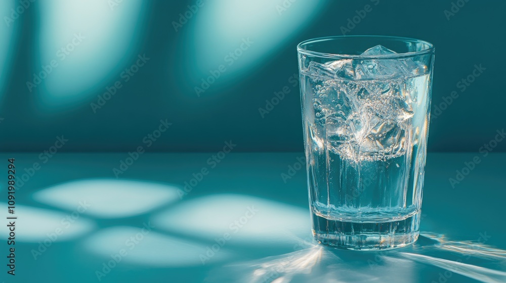 Aufkleber refreshing glass of water with ice cubes and soft shadows on a blue background for summertime vibes 