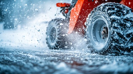 Snowblower wheels move through fresh snow, clearing pathways during winter weather conditions