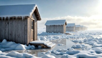 Winter Ice Fishing Shacks on Lake