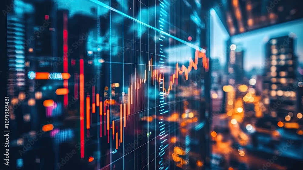Aufkleber stock market data displayed on a large screen, showing graphs and charts against a city backdrop at 