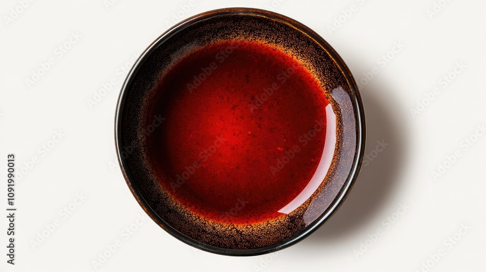Poster close-up of a shiny red liquid in a black ceramic bowl on a light background capturing the reflectiv