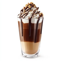 A decadent dark chocolate hazelnut frappe with whipped cream and chocolate drizzle, served in a modern glass, isolated white background
