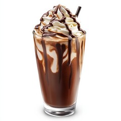 A decadent dark chocolate hazelnut frappe with whipped cream and chocolate drizzle, served in a modern glass, isolated white background