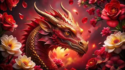 A Crimson Dragon Amidst a Cascade of Petals, Its Golden Horns Gleaming with a Fiery Aura