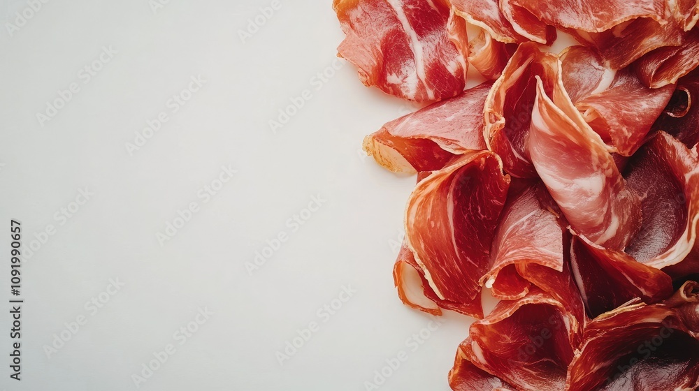 Poster slices of delicate cured ham displayed artfully on a light background, perfect for culinary creation