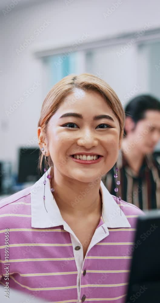 Aufkleber Office, business and face of Asian woman on computer at company, research center and networking. Creative, startup and portrait of Japanese person on tech for software, programming and web design