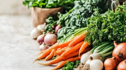 Stack of fresh vegetables including carrots and onions.