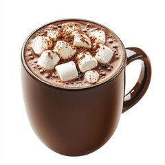 A decadent dark chocolate hot cocoa topped with marshmallows and cocoa powder, in a cozy mug, isolated white background